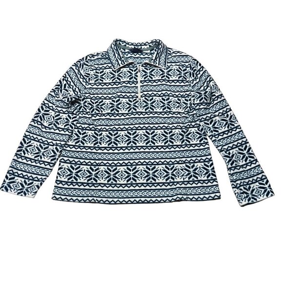 Lands' End Black & White Nordic Fair Isle Print Quarter Zip Fleece Pullover - Picture 1 of 6